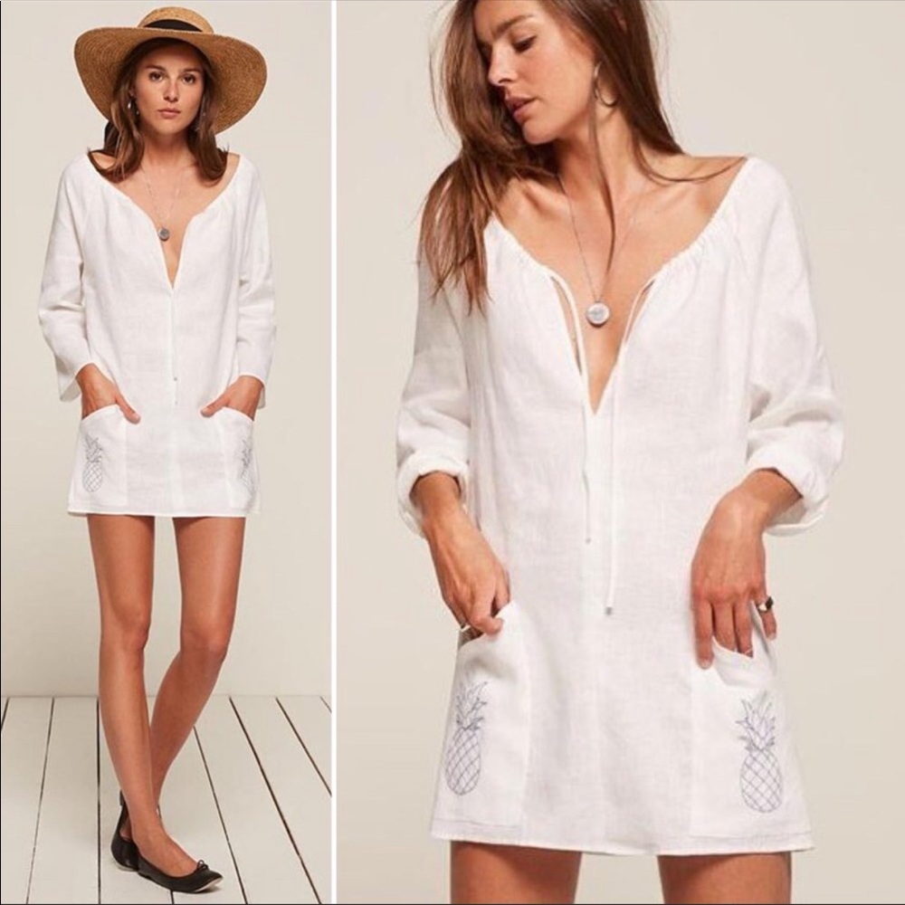 Reformation Martina Dress Linen Embroidered White